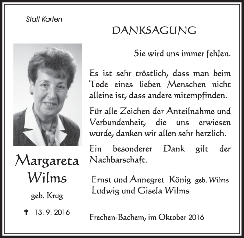  Traueranzeige für Margareta Wilms vom 08.10.2016 aus  Sonntags-Post 