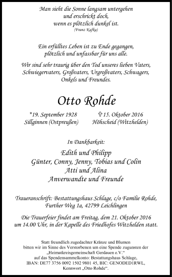 Anzeige von Otto Rohde von Kölner Stadt-Anzeiger / Kölnische Rundschau / Express