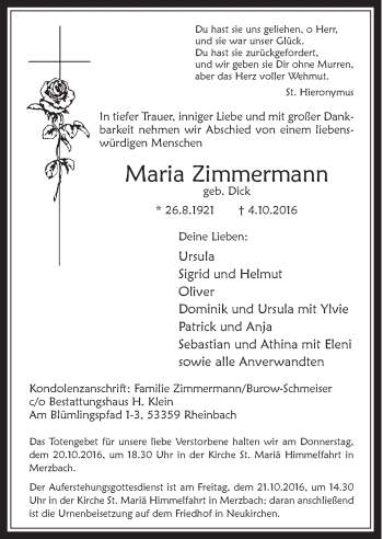 Anzeige von Maria Zimmermann von  Schaufenster/Blickpunkt 