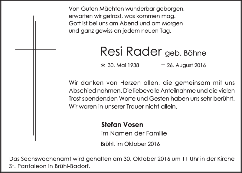  Traueranzeige für Resi Rader vom 19.10.2016 aus  Schlossbote/Werbekurier 