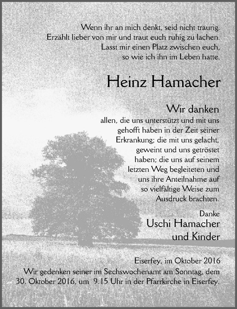  Traueranzeige für Heinz Hamacher vom 22.10.2016 aus  Blickpunkt Euskirchen 