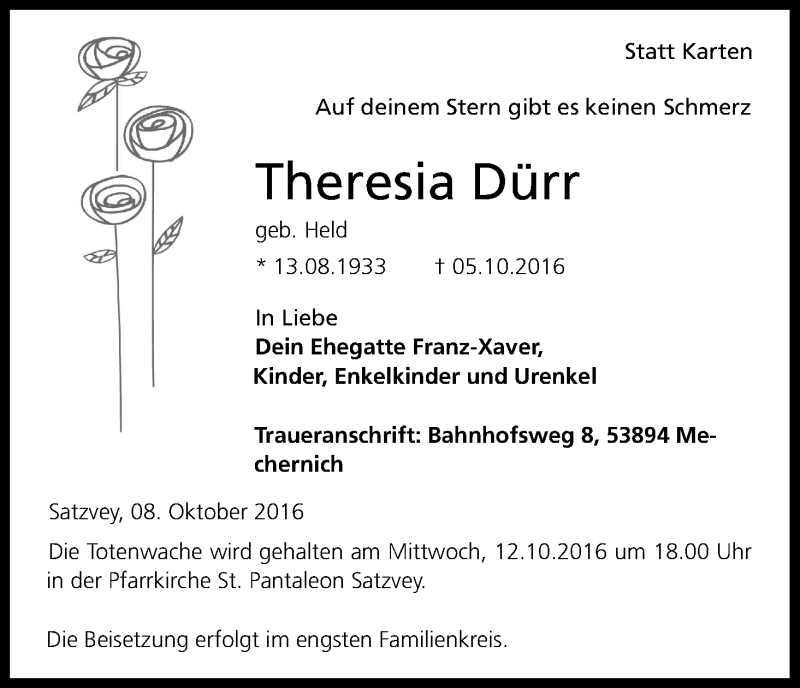  Traueranzeige für Theresia Dürr vom 11.10.2016 aus Kölner Stadt-Anzeiger / Kölnische Rundschau / Express