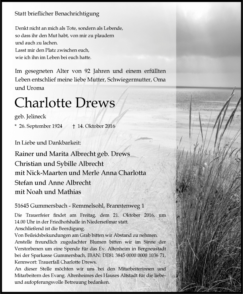  Traueranzeige für Charlotte Drews vom 19.10.2016 aus  Anzeigen Echo 