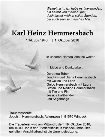 Anzeige von Karl Heinz Hemmersbach von  Wochenende  Extra Blatt 