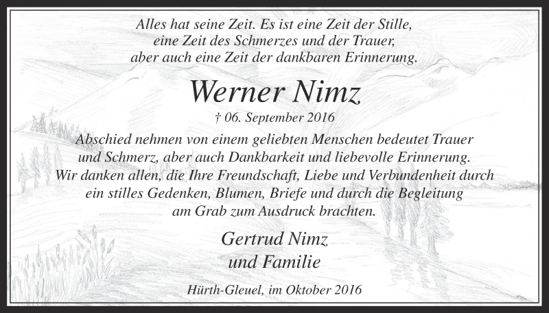  Traueranzeige für Werner Nimz vom 19.10.2016 aus  Wochenende 