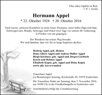 Anzeige von Hermann Appel von  Blickpunkt Euskirchen 