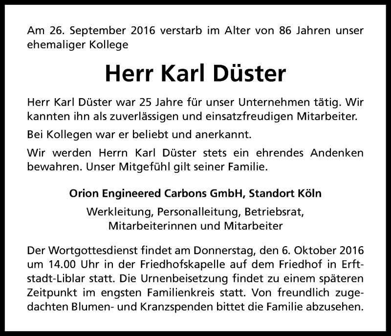  Traueranzeige für Karl Düster vom 05.10.2016 aus Kölner Stadt-Anzeiger / Kölnische Rundschau / Express