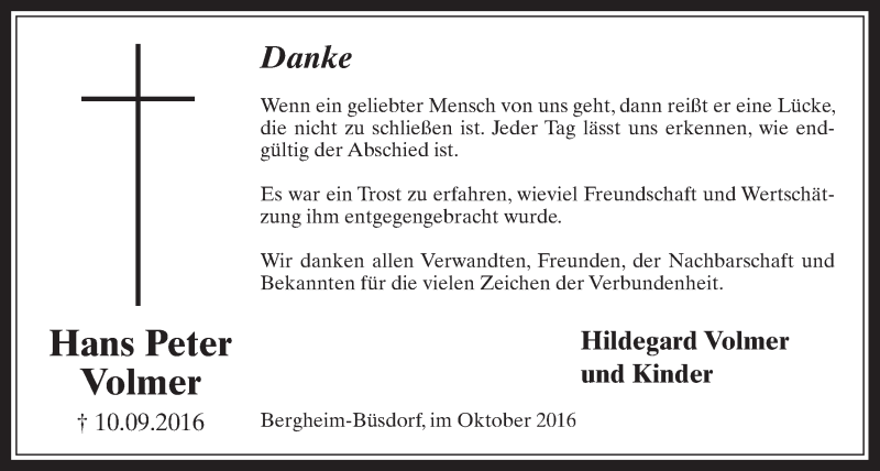  Traueranzeige für Hans Peter Volmer vom 12.10.2016 aus  Werbepost 