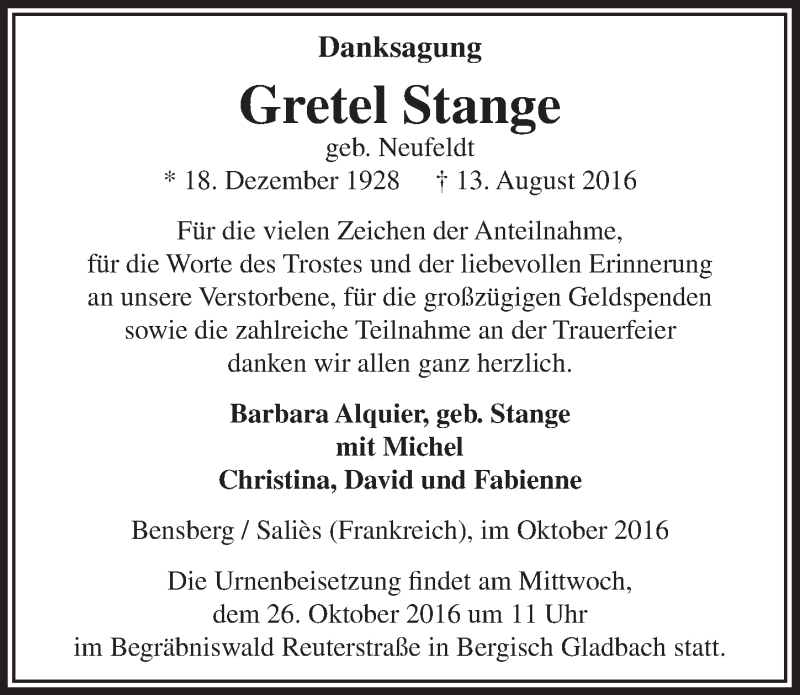  Traueranzeige für Gretel Stange vom 12.10.2016 aus  Bergisches Handelsblatt 