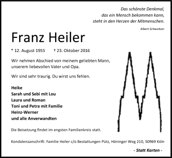 Anzeige von Franz Heiler von Kölner Stadt-Anzeiger / Kölnische Rundschau / Express