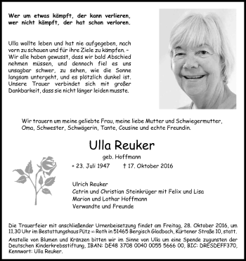 Anzeige von Ulla Reuker von Kölner Stadt-Anzeiger / Kölnische Rundschau / Express