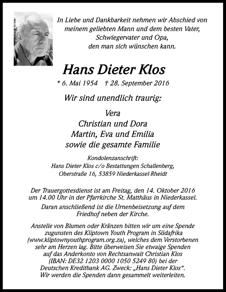  Traueranzeige für Hans Dieter Klos vom 08.10.2016 aus Kölner Stadt-Anzeiger / Kölnische Rundschau / Express
