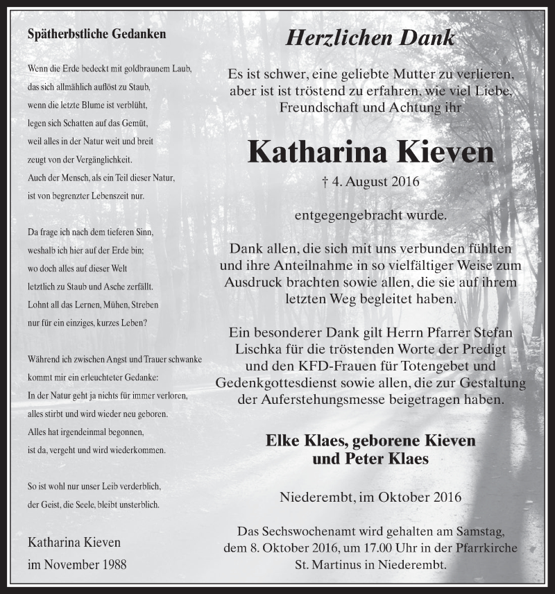  Traueranzeige für Katharina Kieven vom 05.10.2016 aus  Werbepost 