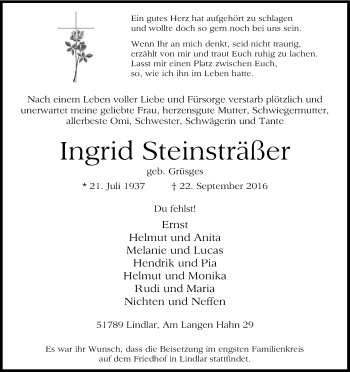 Anzeige von Ingrid Steinsträßer von Kölner Stadt-Anzeiger / Kölnische Rundschau / Express