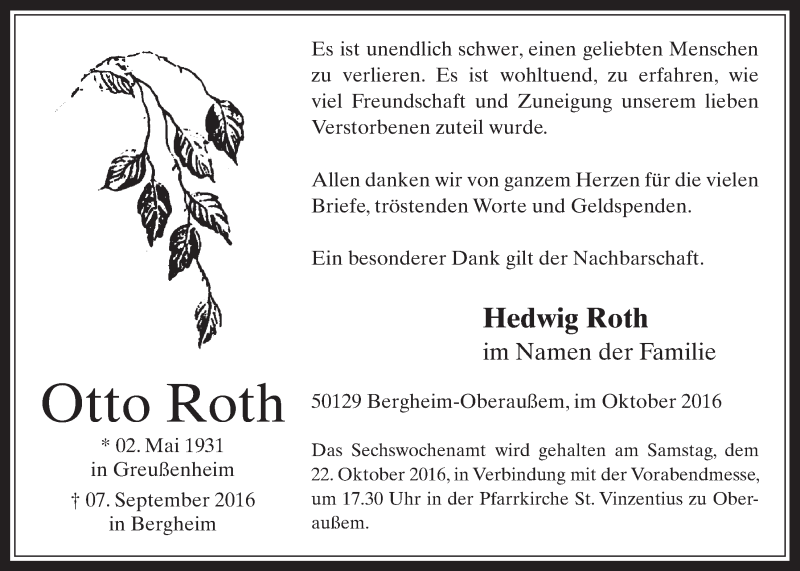  Traueranzeige für Otto Roth vom 19.10.2016 aus  Werbepost 