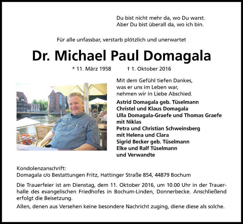  Traueranzeige für Michael Paul Domagala vom 08.10.2016 aus Kölner Stadt-Anzeiger / Kölnische Rundschau / Express