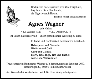 Anzeige von Agnes Wagner von Kölner Stadt-Anzeiger / Kölnische Rundschau / Express