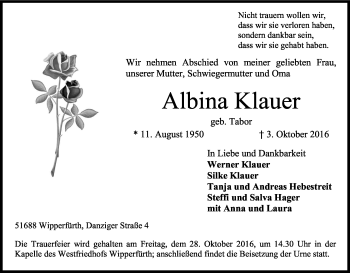 Anzeige von Albina Klauer von Kölner Stadt-Anzeiger / Kölnische Rundschau / Express