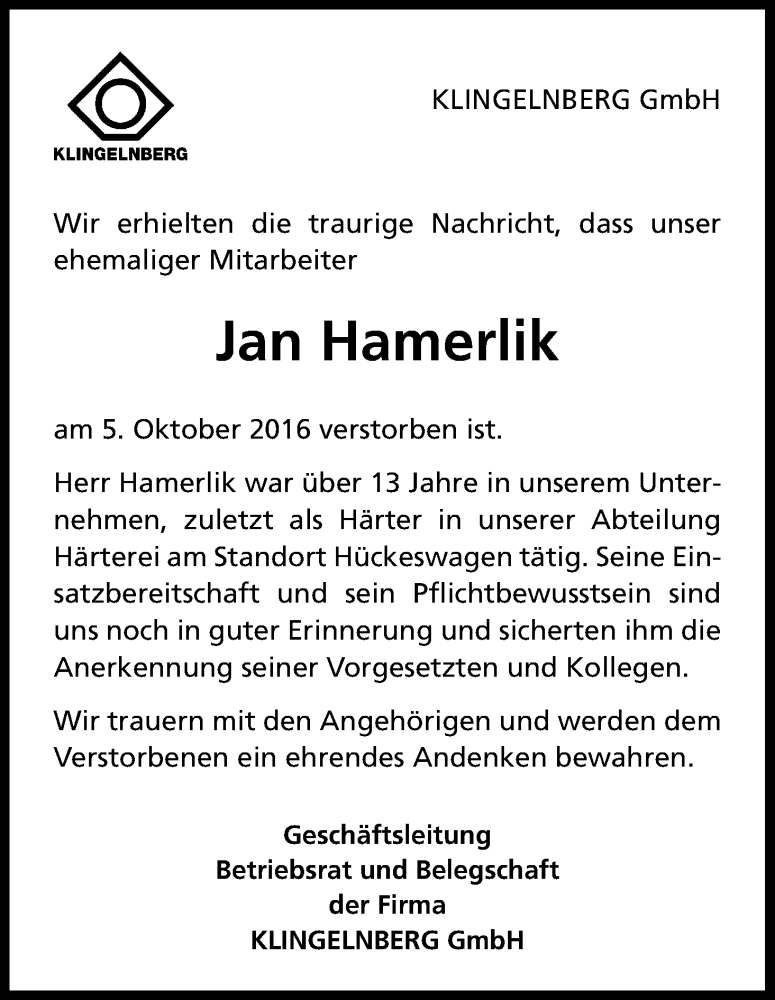  Traueranzeige für Jan Hamerlik vom 11.10.2016 aus Kölner Stadt-Anzeiger / Kölnische Rundschau / Express