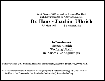 Anzeige von Hans-Joachim Ulbrich von Kölner Stadt-Anzeiger / Kölnische Rundschau / Express