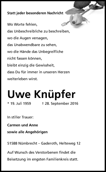 Anzeige von Uwe Knüpfer von Kölner Stadt-Anzeiger / Kölnische Rundschau / Express