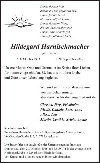 Anzeige von Hildegard Harnischmacher von  Lokale Informationen 