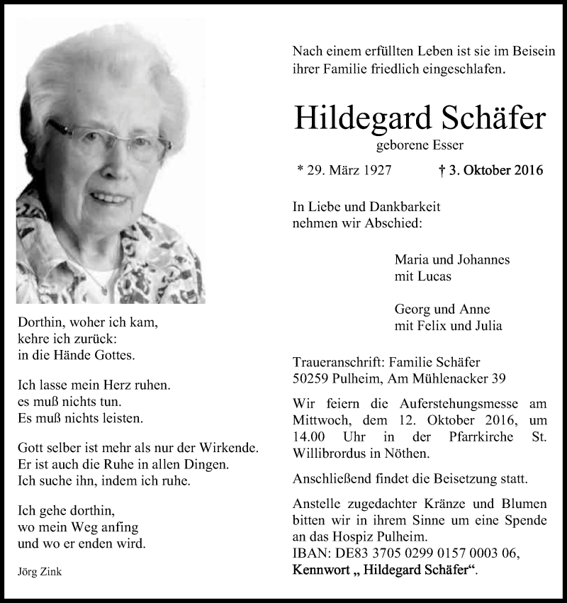  Traueranzeige für Schäfer Hildegard vom 08.10.2016 aus Kölner Stadt-Anzeiger / Kölnische Rundschau / Express