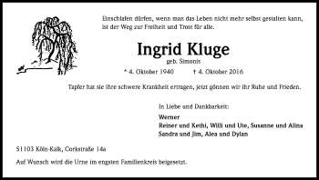 Anzeige von Ingrid Kluge von Kölner Stadt-Anzeiger / Kölnische Rundschau / Express