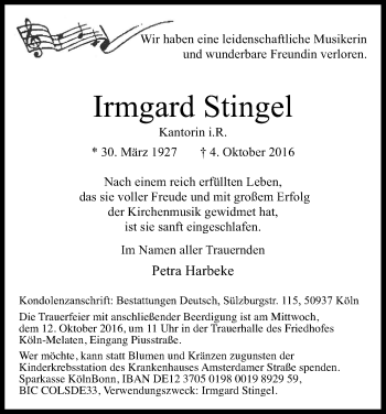 Anzeige von Irmgard Stingel von Kölner Stadt-Anzeiger / Kölnische Rundschau / Express