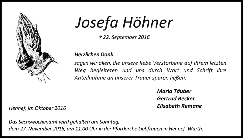  Traueranzeige für Josefa Höhner vom 15.10.2016 aus Kölner Stadt-Anzeiger / Kölnische Rundschau / Express