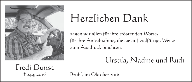  Traueranzeige für Fredi Dunst vom 26.10.2016 aus  Schlossbote/Werbekurier 
