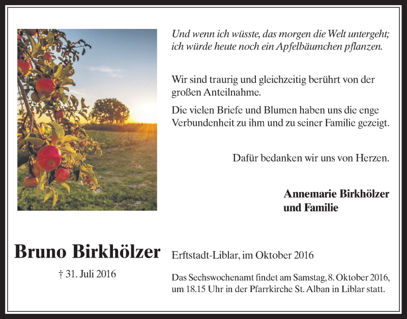  Traueranzeige für Bruno Birkhölzer vom 05.10.2016 aus  Werbepost 