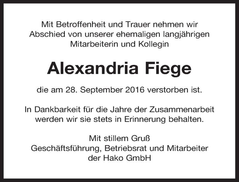  Traueranzeige für Alexa Fiege vom 08.10.2016 aus  Blickpunkt Euskirchen 