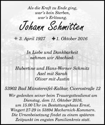 Anzeige von Johann Schmitten von  Blickpunkt Euskirchen 