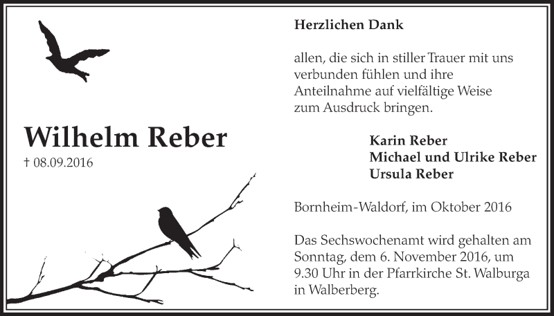  Traueranzeige für Wilhelm Reber vom 26.10.2016 aus  Schlossbote/Werbekurier 