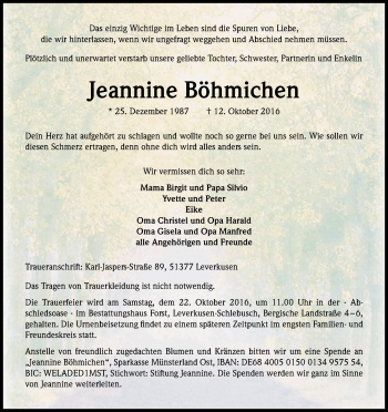 Anzeige von Jeannine Böhmichen von Kölner Stadt-Anzeiger / Kölnische Rundschau / Express