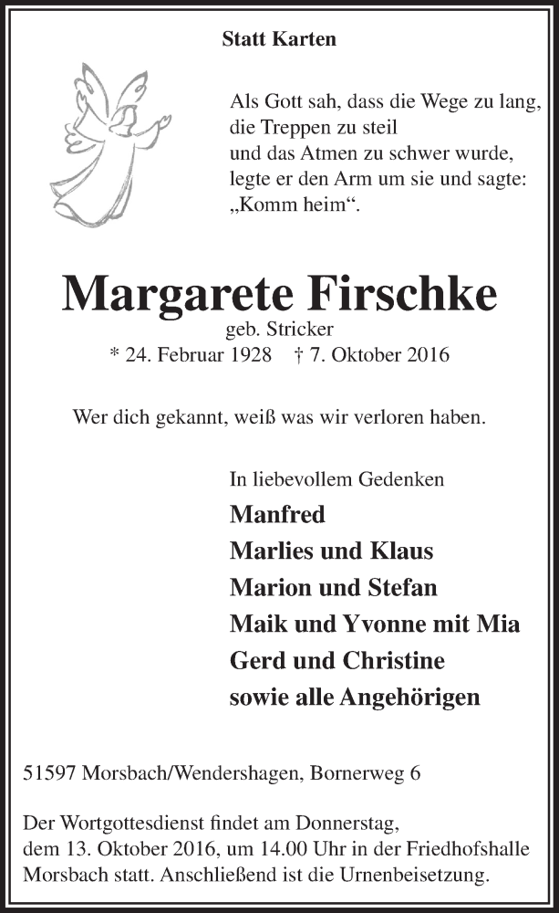  Traueranzeige für Margarete Firschke vom 12.10.2016 aus  Lokalanzeiger 