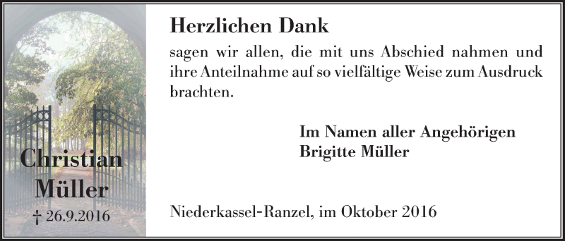  Traueranzeige für Christian Müller vom 19.10.2016 aus  Extra Blatt 