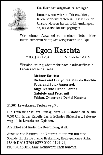 Anzeige von Egon Kaschta von Kölner Stadt-Anzeiger / Kölnische Rundschau / Express