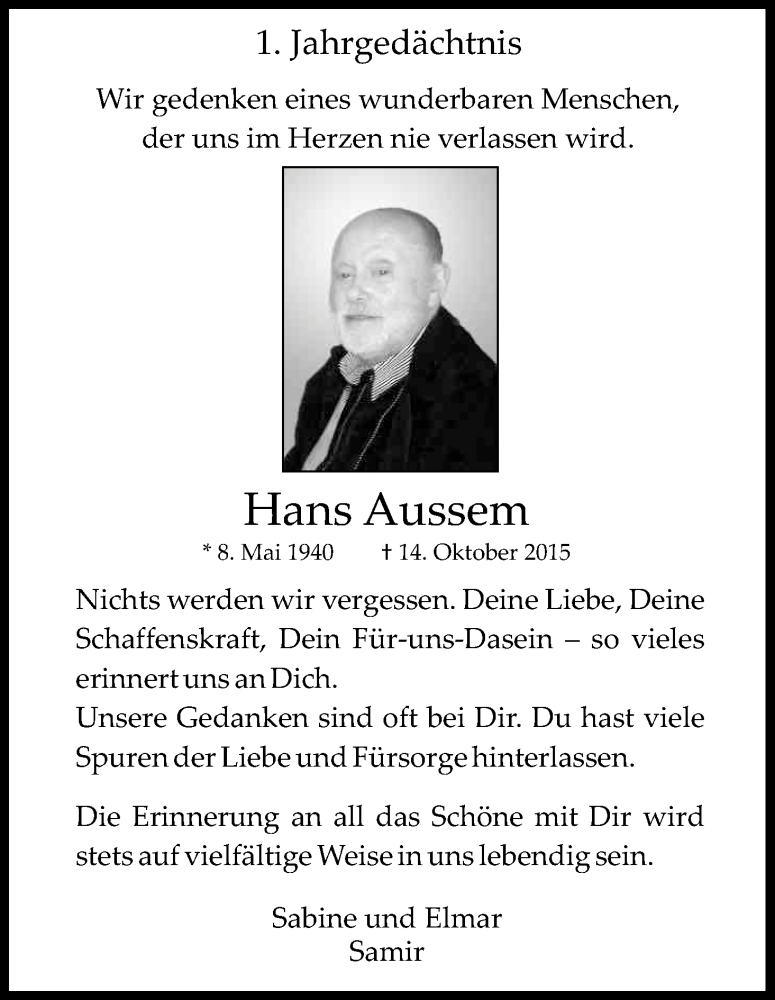  Traueranzeige für Hans Aussem vom 15.10.2016 aus Kölner Stadt-Anzeiger / Kölnische Rundschau / Express