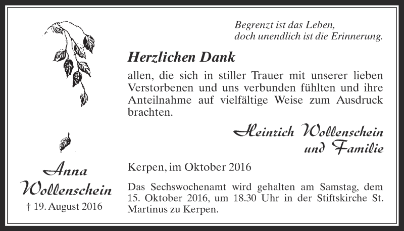  Traueranzeige für Anna Wollenschein vom 12.10.2016 aus  Werbepost 