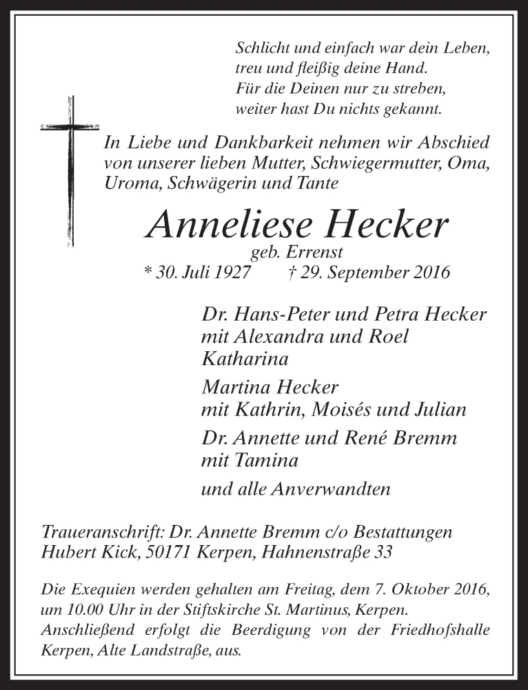  Traueranzeige für Anneliese Hecker vom 05.10.2016 aus  Werbepost 