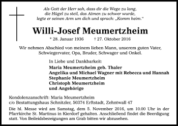 Anzeige von Willi-Josef Meumertzheim von Kölner Stadt-Anzeiger / Kölnische Rundschau / Express