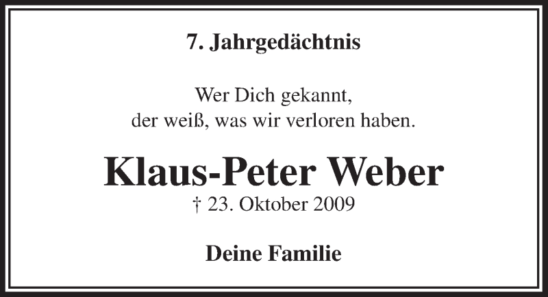  Traueranzeige für Klaus-Peter Weber vom 19.10.2016 aus  Anzeigen Echo 