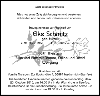 Anzeige von Elke Schmitz von Kölner Stadt-Anzeiger / Kölnische Rundschau / Express