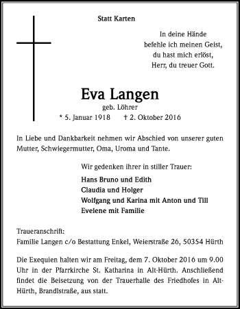 Anzeige von Eva Langen von Kölner Stadt-Anzeiger / Kölnische Rundschau / Express