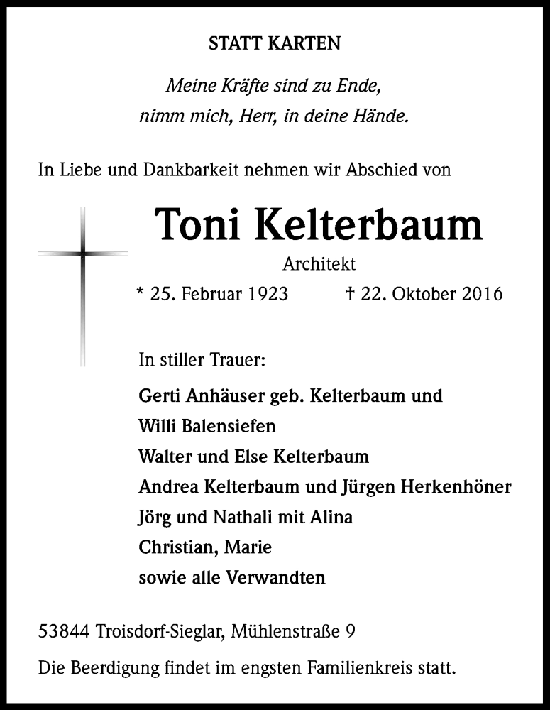  Traueranzeige für Toni Kelterbaum vom 25.10.2016 aus Kölner Stadt-Anzeiger / Kölnische Rundschau / Express