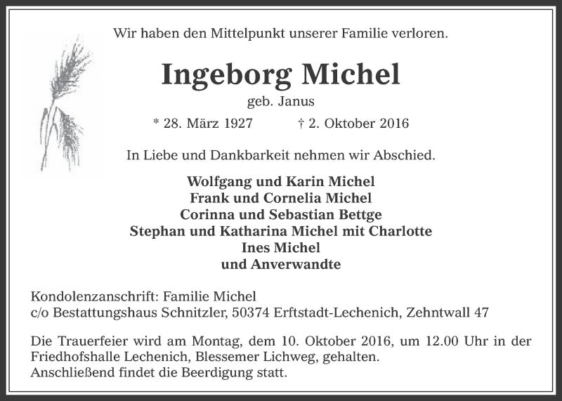  Traueranzeige für Ingeborg Michel vom 08.10.2016 aus  Sonntags-Post 