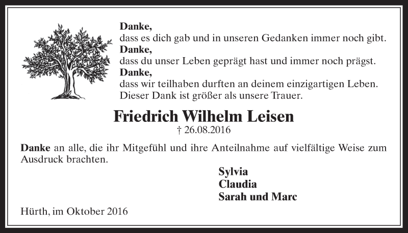  Traueranzeige für Friedrich Wilhelm Leisen vom 12.10.2016 aus  Wochenende 