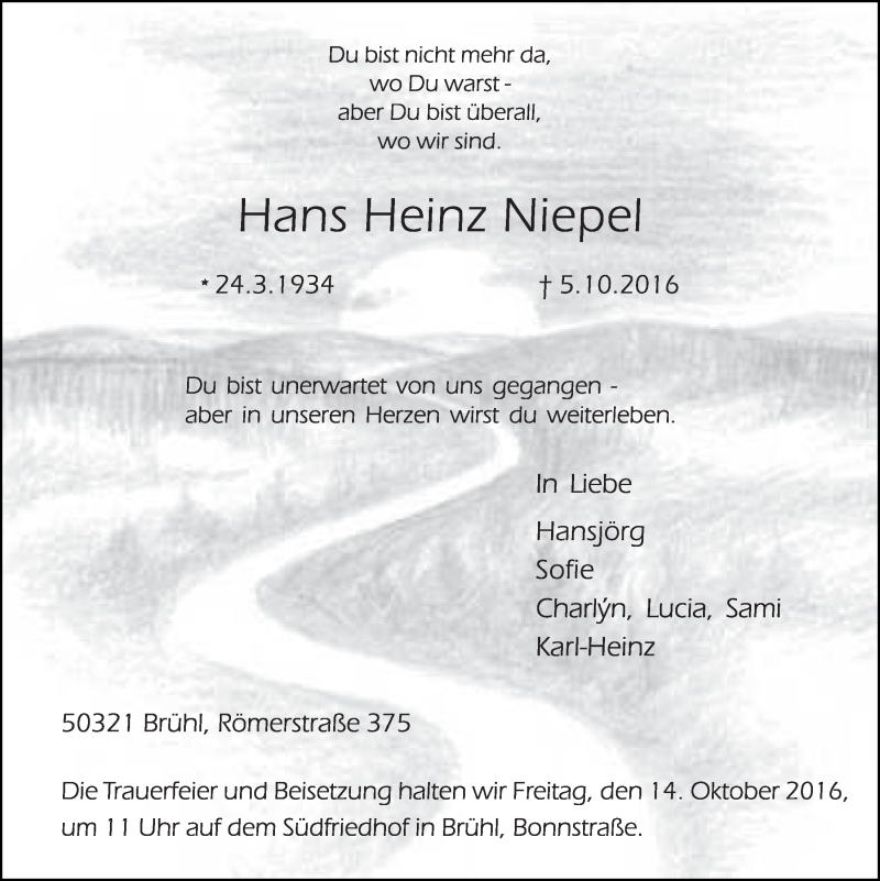  Traueranzeige für Hans Heinz Niepel vom 12.10.2016 aus  Schlossbote/Werbekurier 
